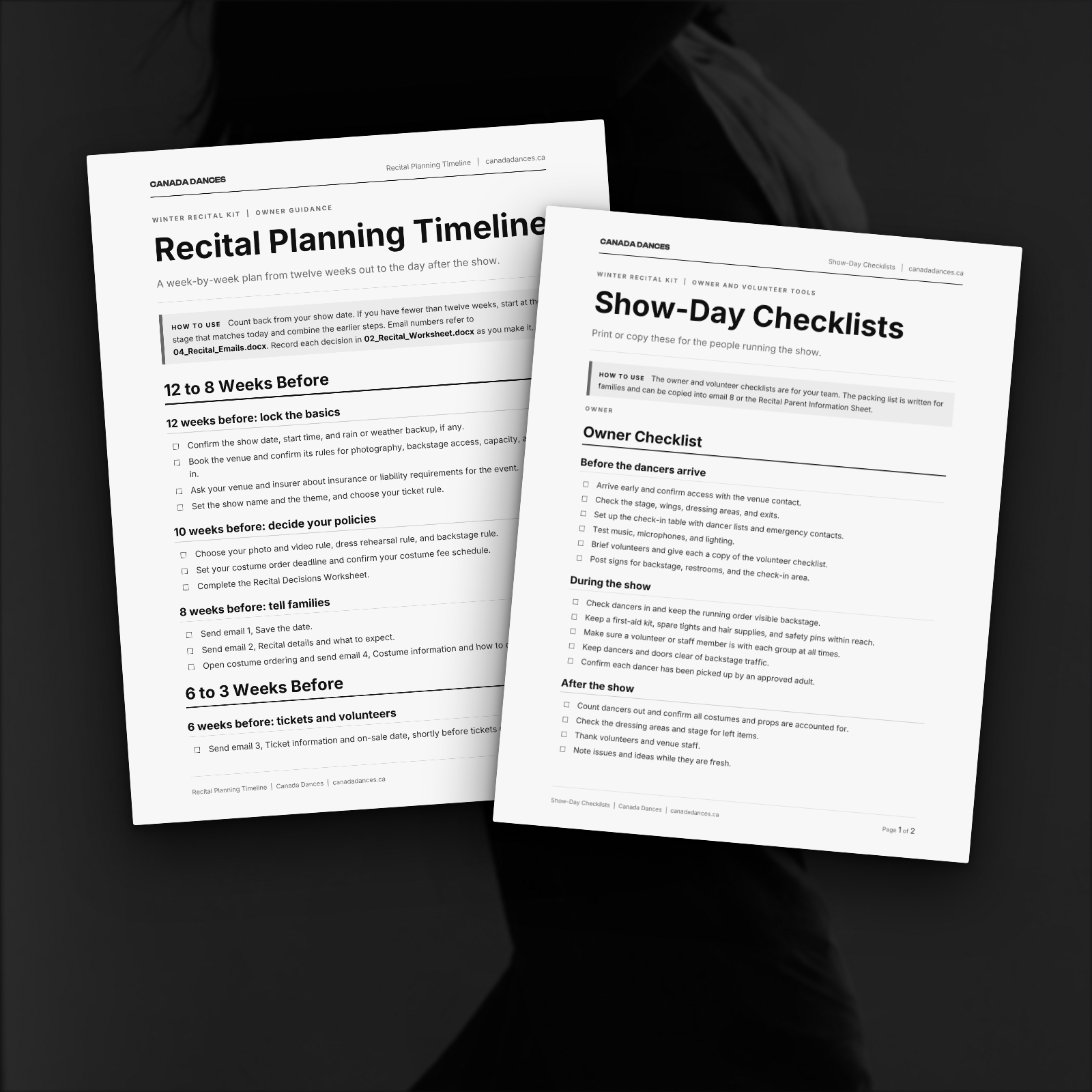 Recital planning timeline and show-day checklists