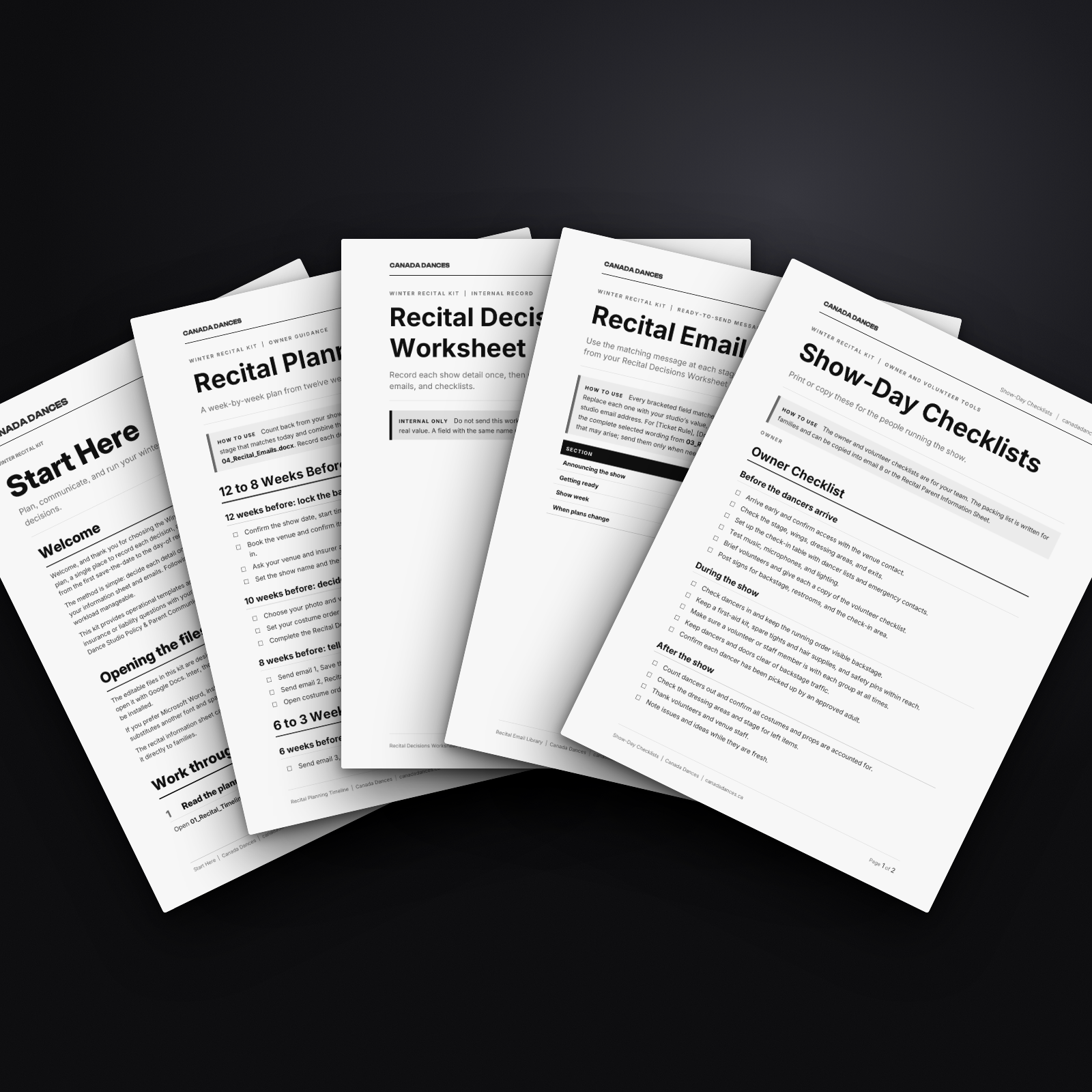 Start Here guide, planning timeline, decisions worksheet, recital emails and show-day checklists fanned out