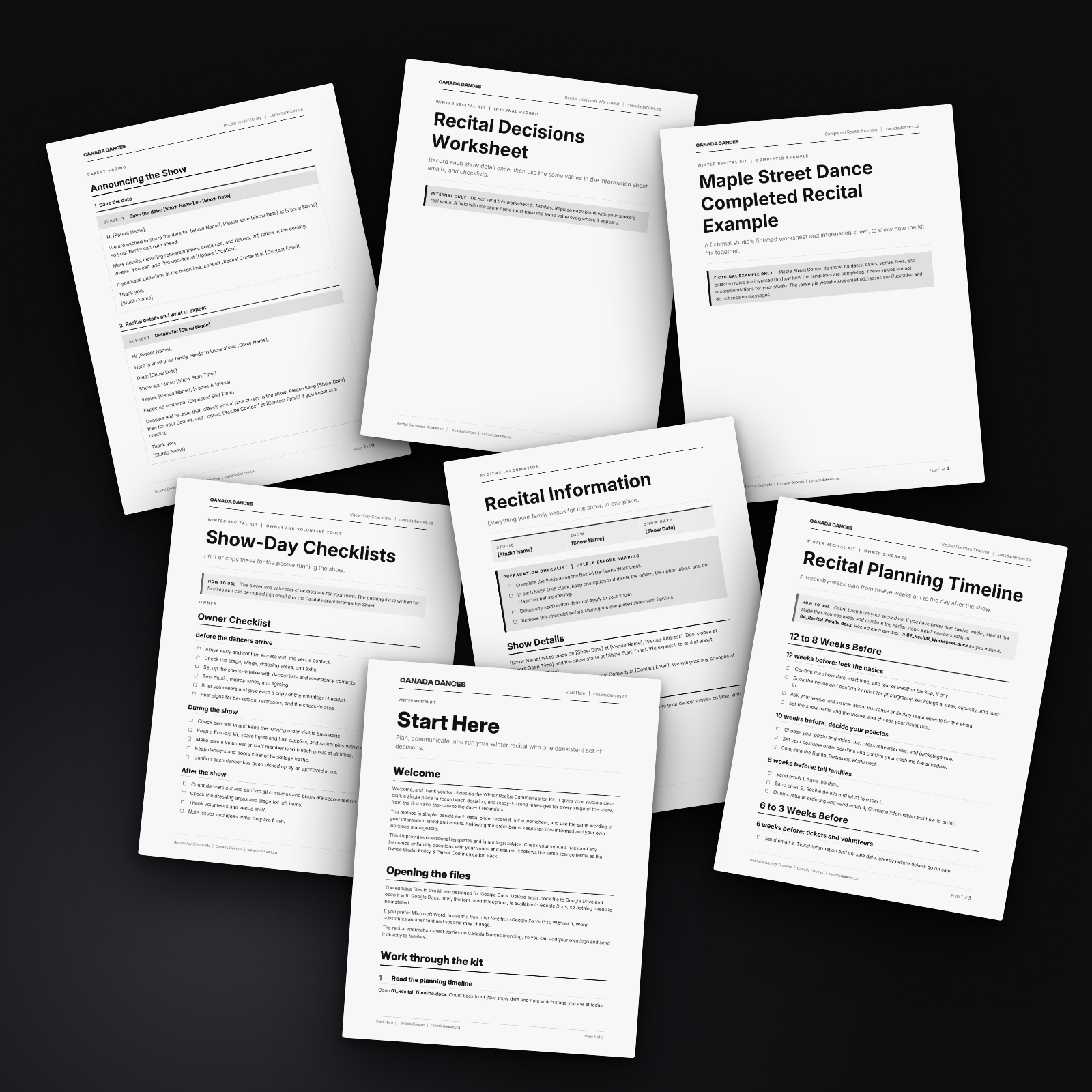 Every file in the Winter Recital Communication Kit spread out on a desk