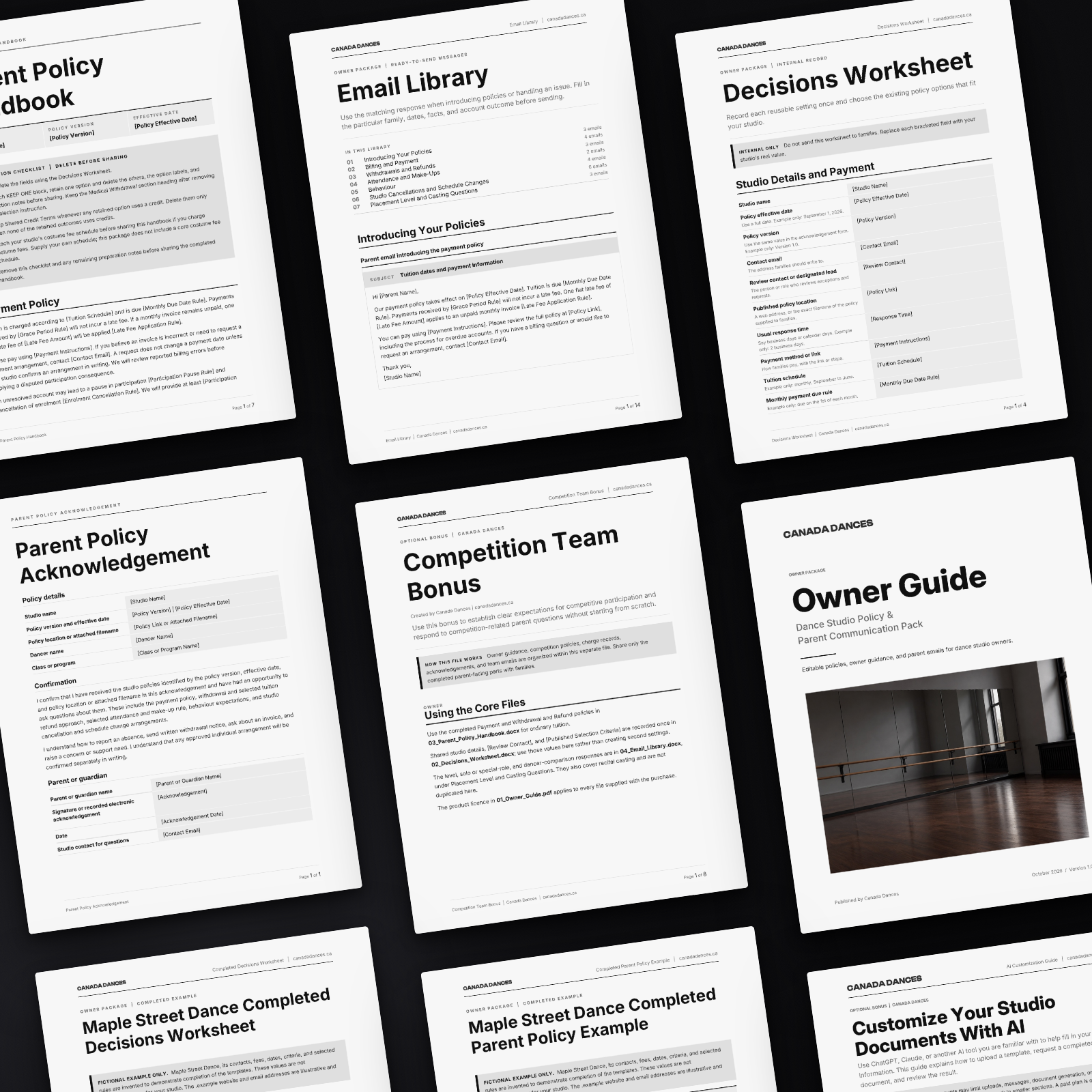 All documents in the pack laid out in a grid