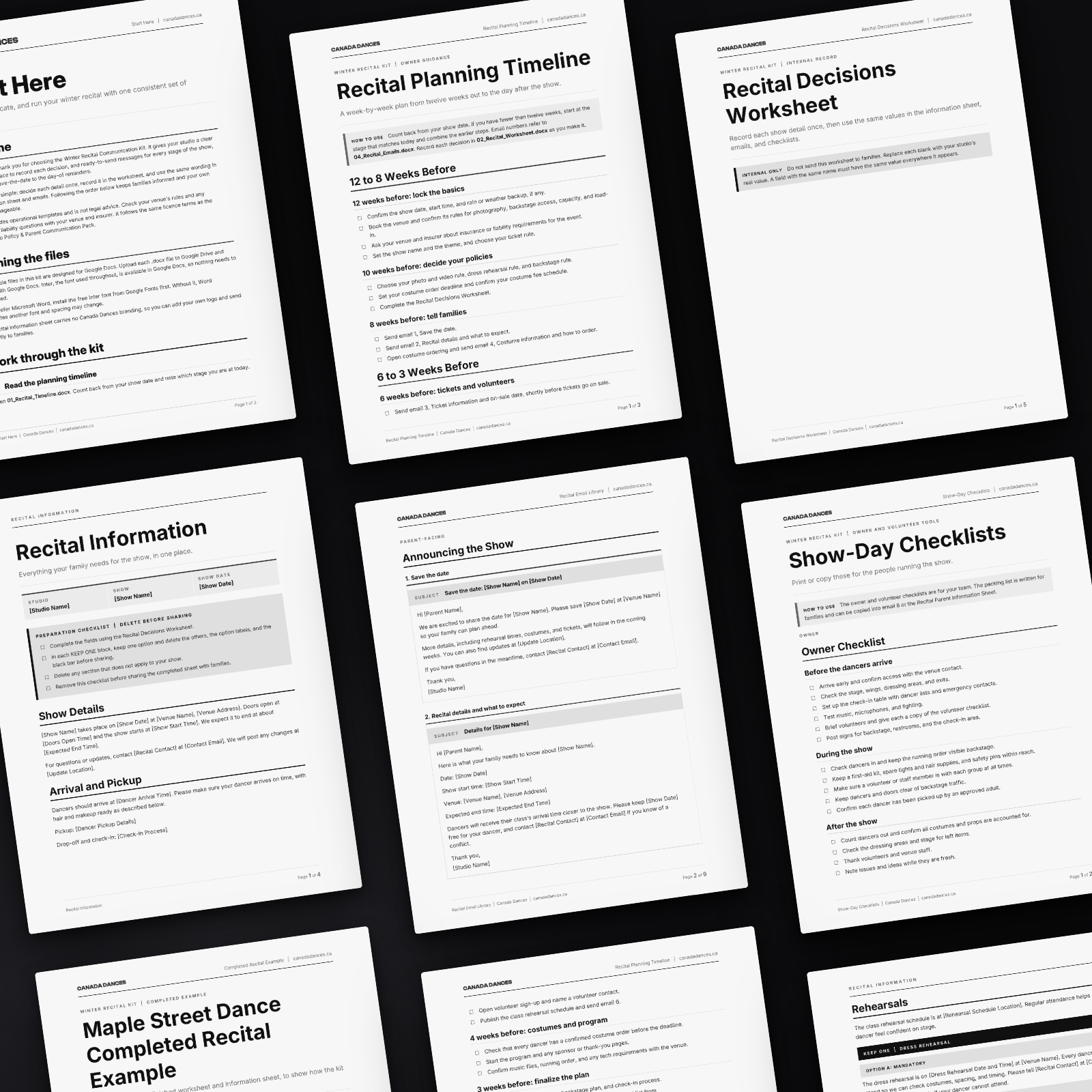 Every document in the Winter Recital Communication Kit laid out in a grid