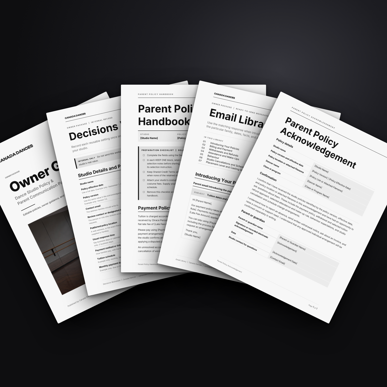 Owner Guide, Decisions Worksheet, Parent Policy Handbook, Email Library and Acknowledgement fanned out